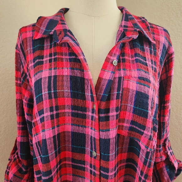 Intro 3/4 rolled sleeve plaid button-up collared over-shirt, sz XL - Picture 5 of 12